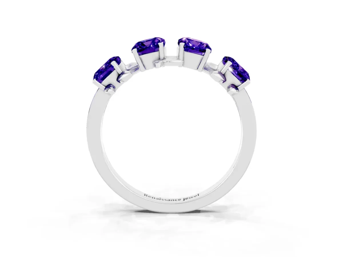 Four-Stone Elongated Cushion Tanzanite Band with Nature-Inspired Prong Setting White gold