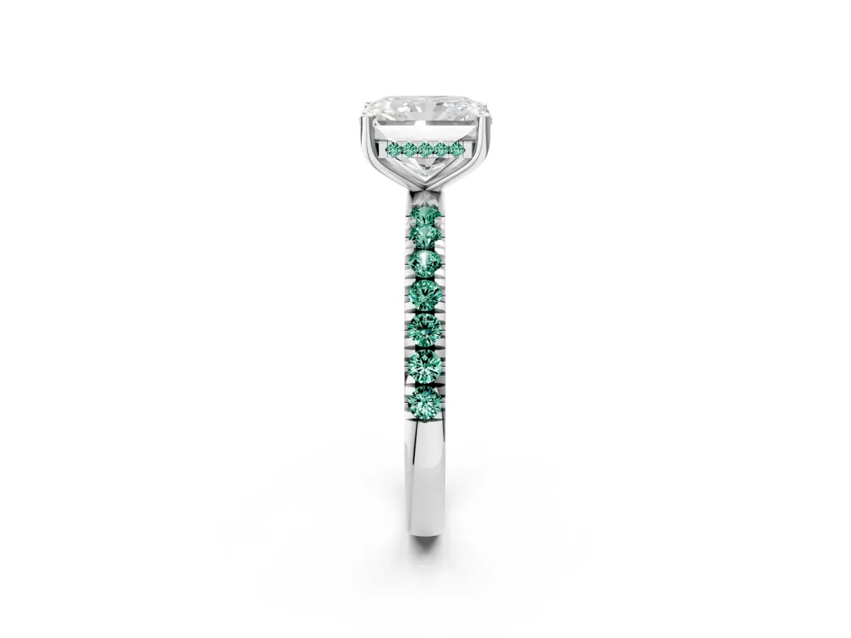 Radiant Cut Diamond Pave Band Solitaire Ring with Round Green Sapphire and Prong Setting White gold