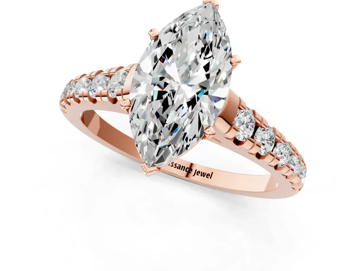 Marquise Cut Diamond Cathedral Solitaire Ring with Round Moissanite Pavé Band Rose gold