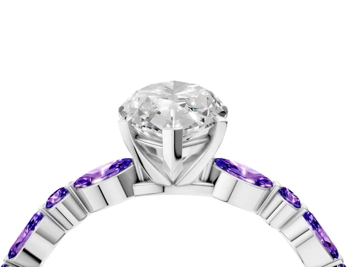 Marquise Cut Diamond Ring with Marquise and Round Tanzanite Side Stones and Four-Prong Setting White gold