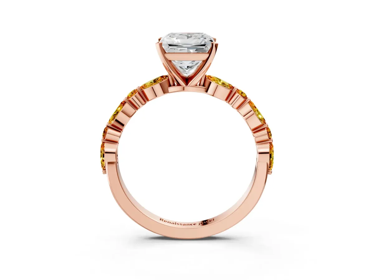 Princess Cut Diamond Ring with Marquise and Round Citrine Side Stones and Four-Prong Setting Rose gold