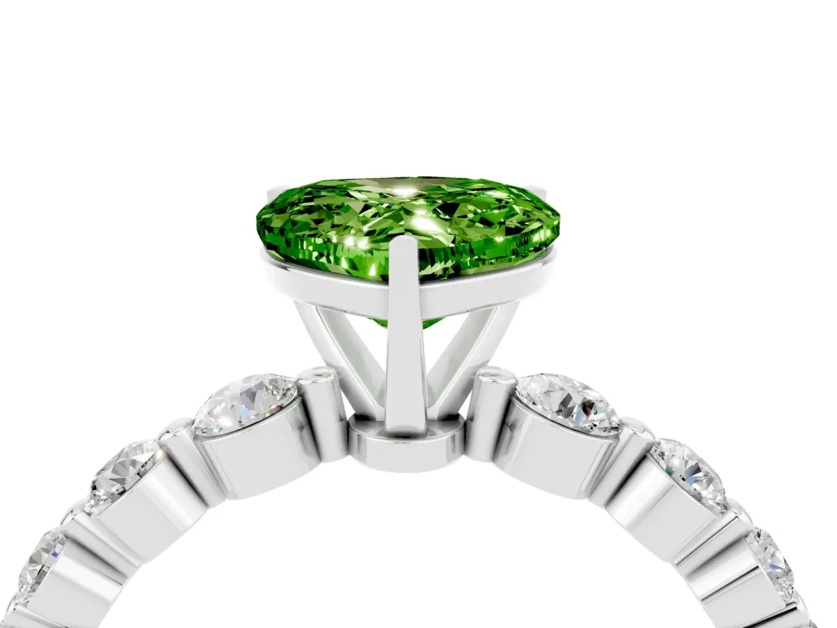 Heart Cut Solitaire Peridot Ring with Pave Band and Four-Prong Setting Platinum