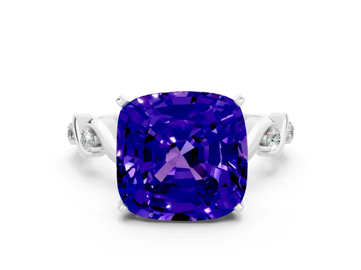 Cushion Cut Tanzanite Solitaire Twisted Band with Round Accents and Prong Setting White gold