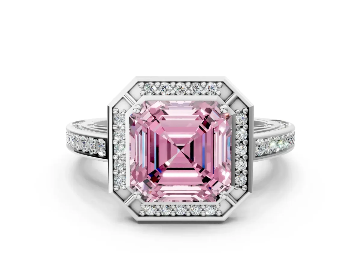 Fancy Pink Asscher Cut Cut Halo Pave Split Shank Prong Setting Ring Platinum