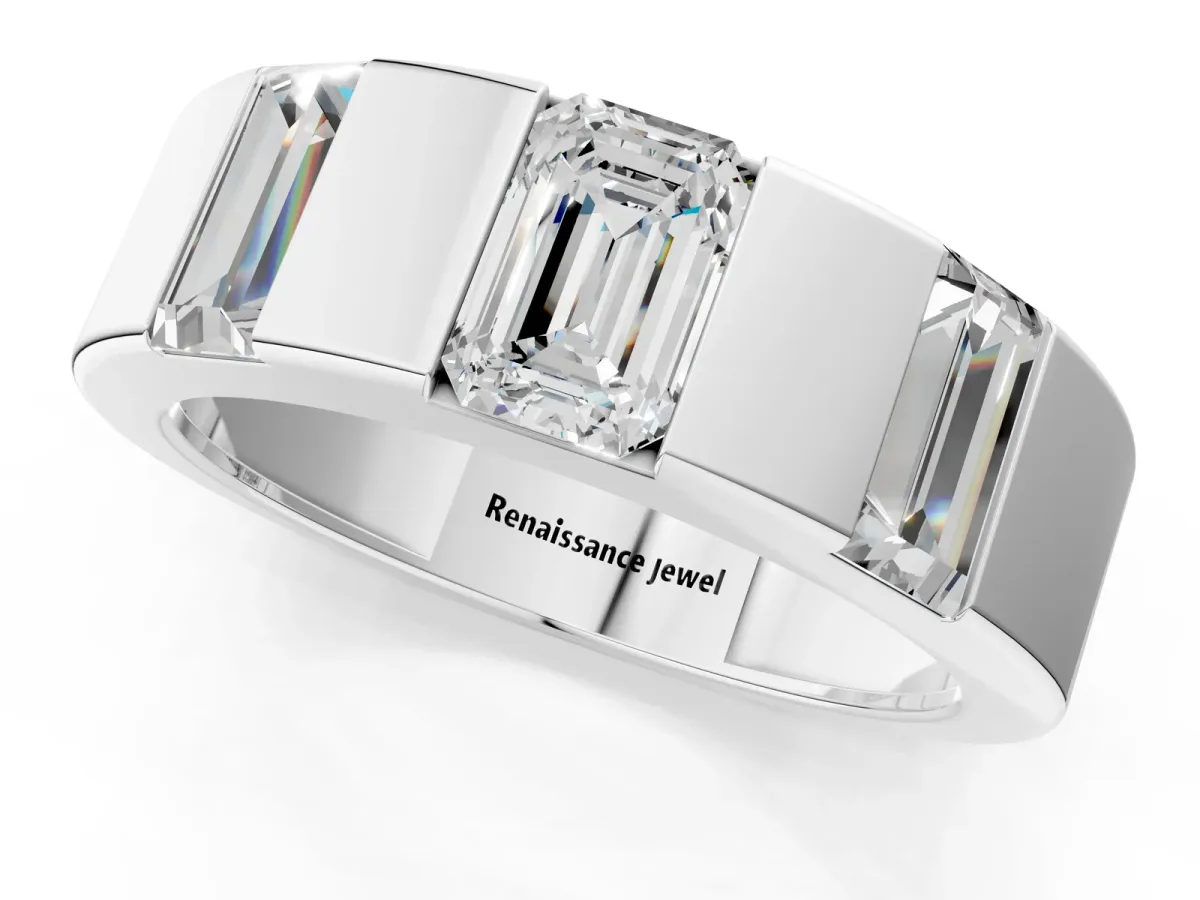 Emerald Cut Diamond Three-Stone Mens Ring with Baguette Side Stones White gold