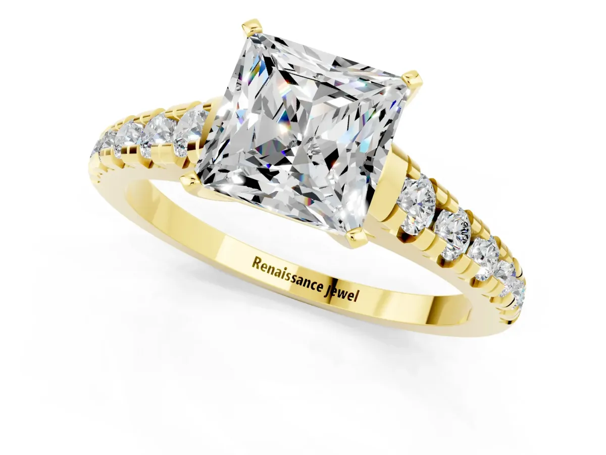 Princess Cut Moissanite Cathedral Solitaire Ring with Round Pavé Band Yellow gold