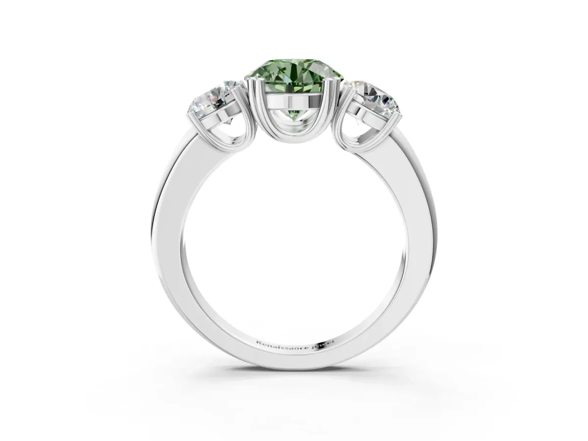 Fancy Green Three-Stone Round Cut Cut Diamond Ring with Channel Set Band and Four-Prong Setting Silver