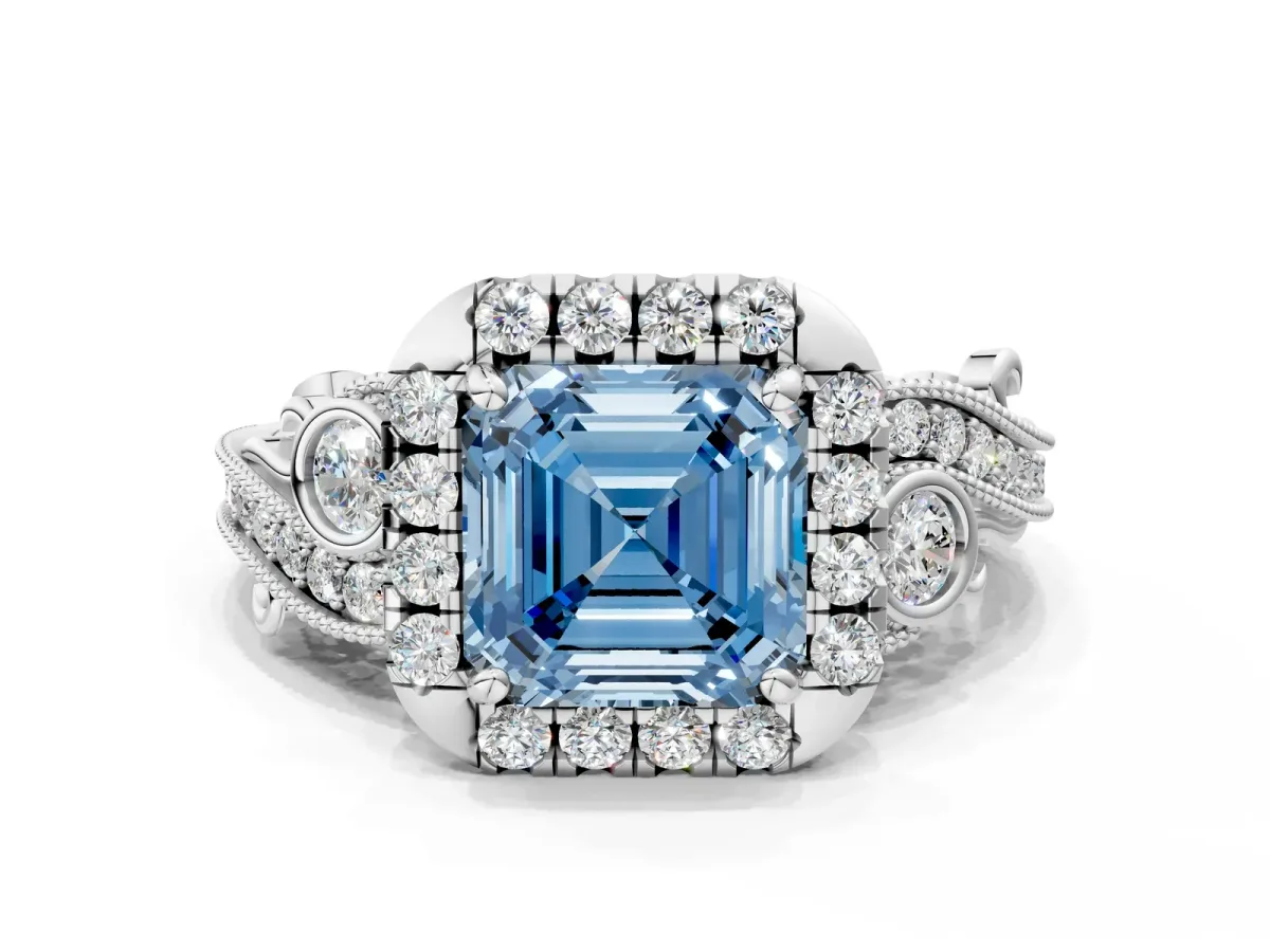 Fancy Blue Asscher Cut Diamond Halo Ring with Milgrain Pavé Band and Four-Prong Setting White gold