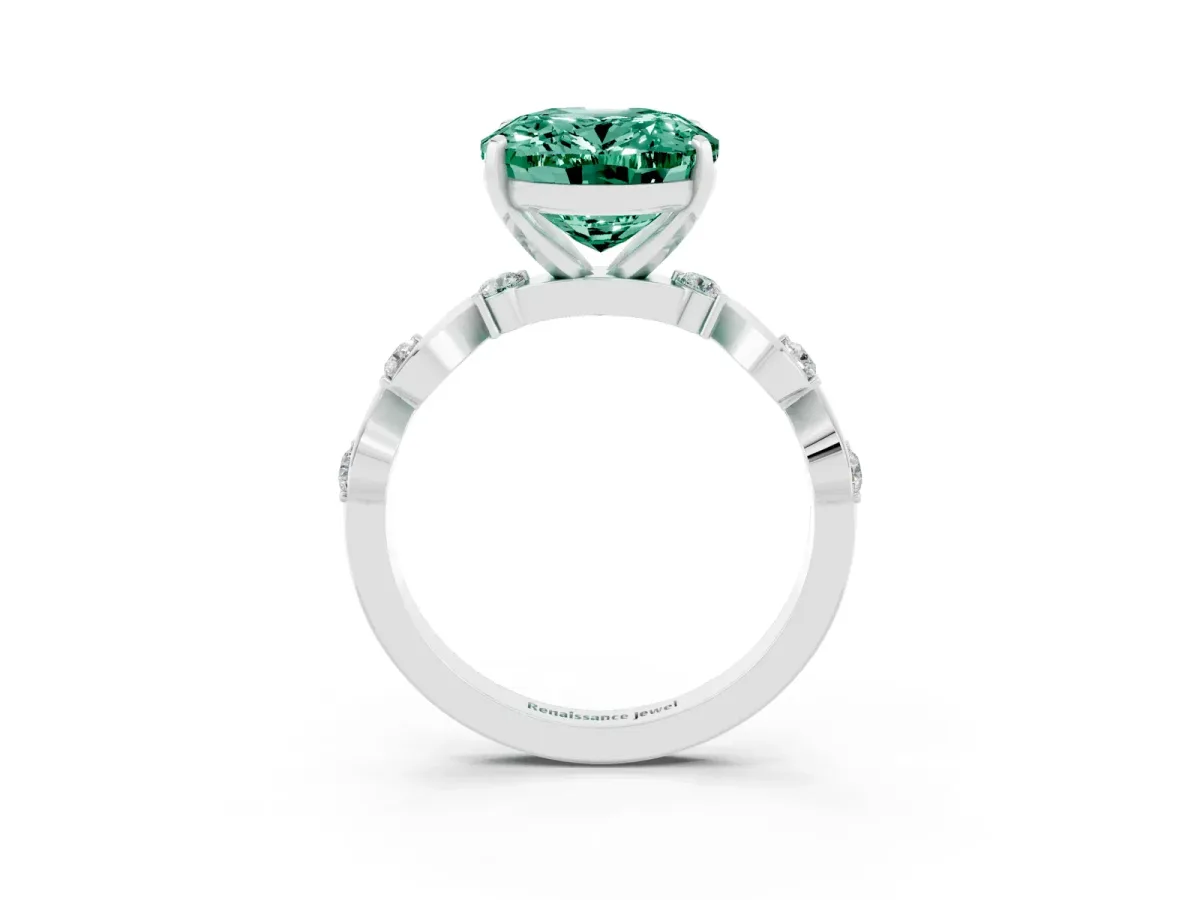 Oval Cut Green Sapphire Solitaire Twisted Band with Round Accents and Prong Setting White gold