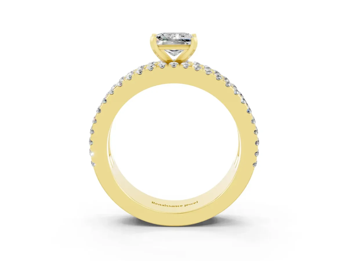 Princess Cut Moissanite Solitaire Ring with Pavé and Channel Set Band Yellow gold