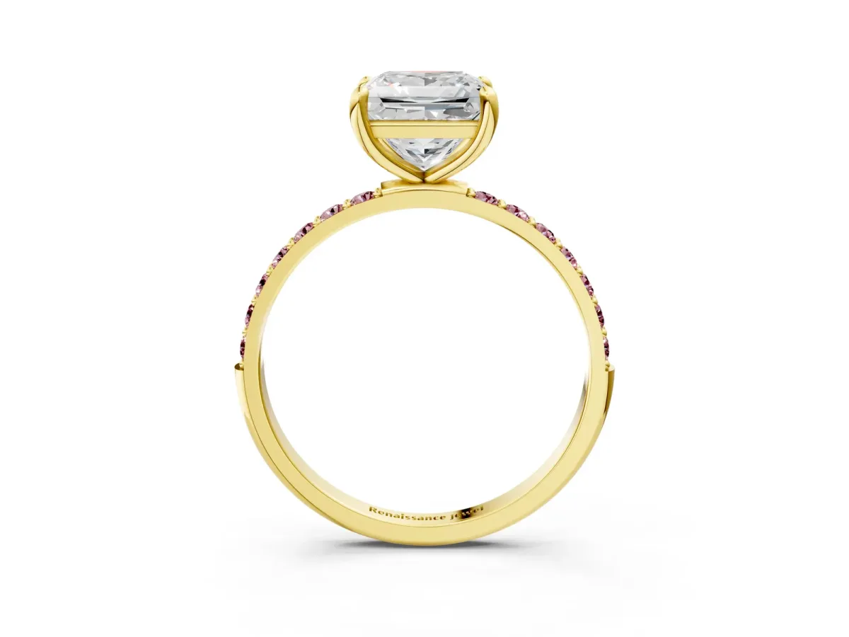 Princess Cut Diamond Solitaire Ring with Round Morganite Pavé Band and Prong Setting Yellow gold
