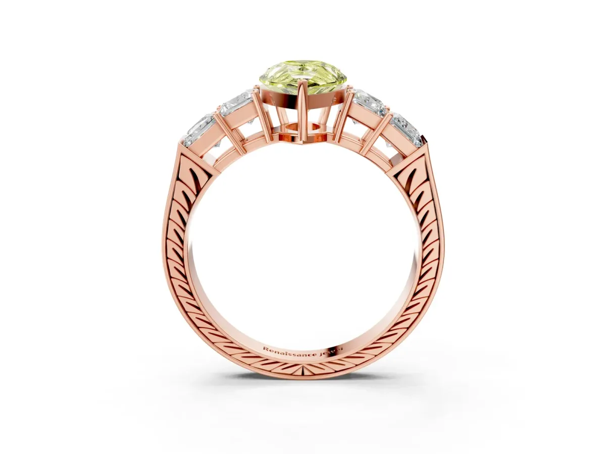 Fancy Yellow Pear Cut Solitaire Princess Side Stone Engraved Band Prong Setting Ring Rose gold