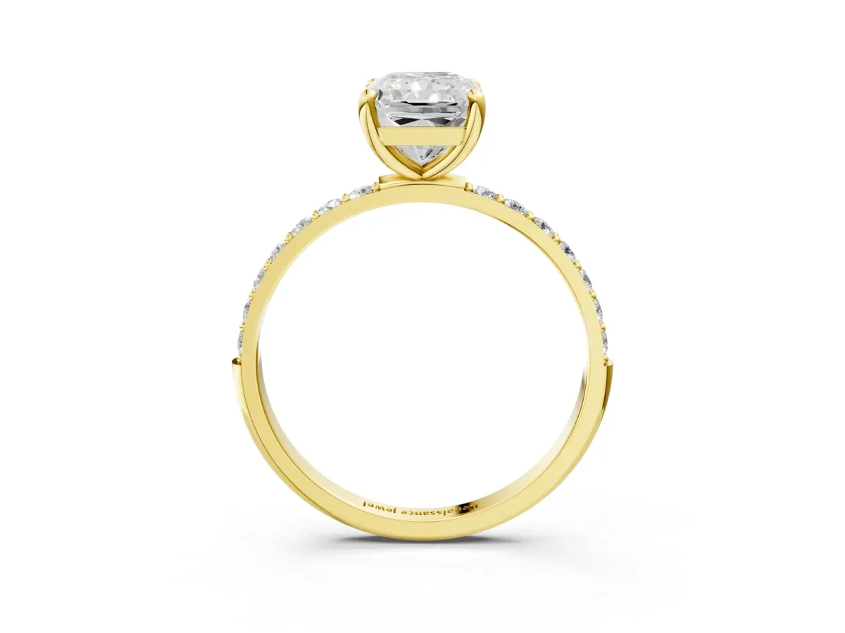 Radiant Cut Diamond Solitaire Ring with Round Moissanite Pavé Band and Prong Setting Yellow gold