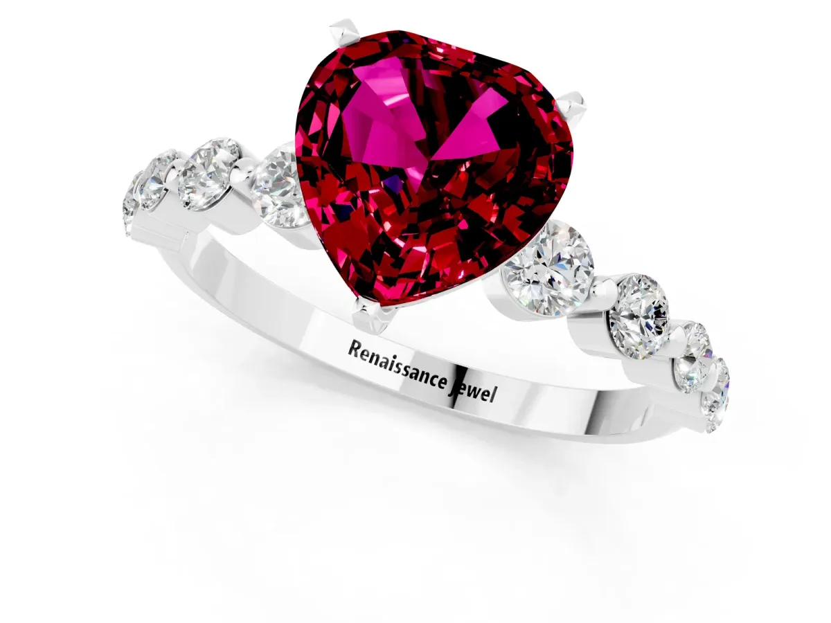 Heart Cut Solitaire Garnet Ring with Pave Band and Four-Prong Setting Silver