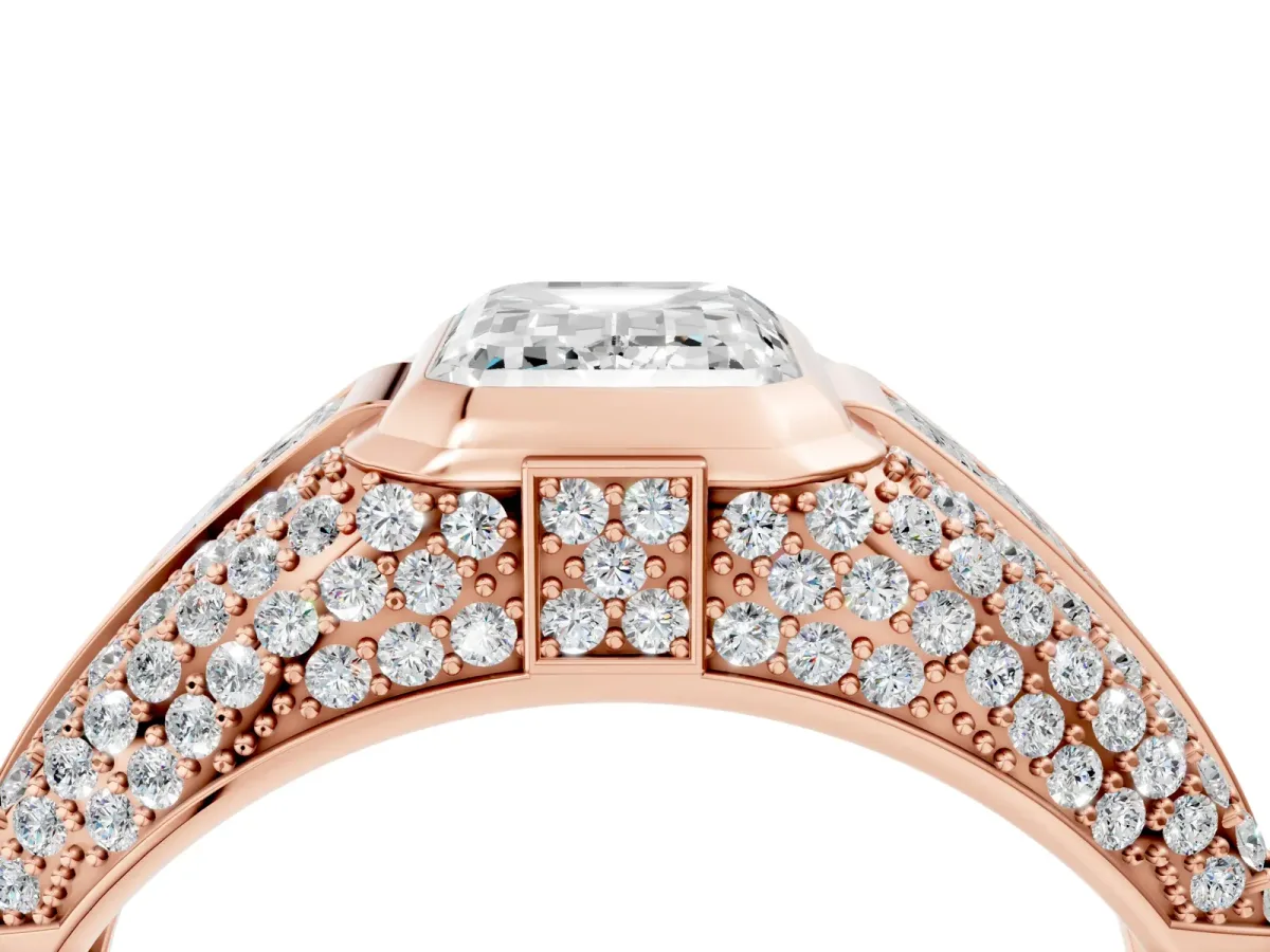 Emerald Cut Diamond Mens Ring with Side Stones Rose gold