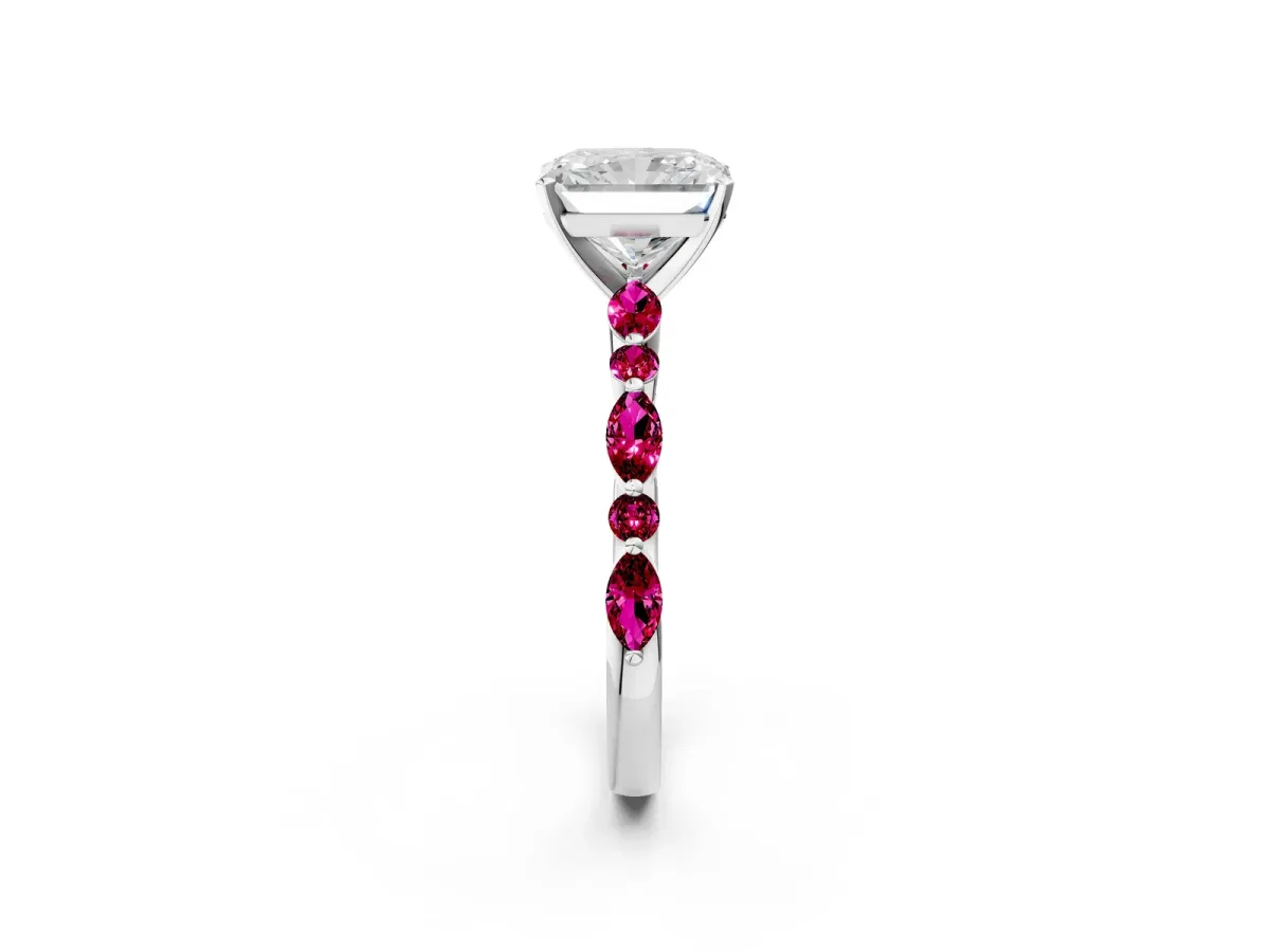 Radiant Cut Diamond Ring with Marquise and Round Garnet Side Stones and Four-Prong Setting White gold