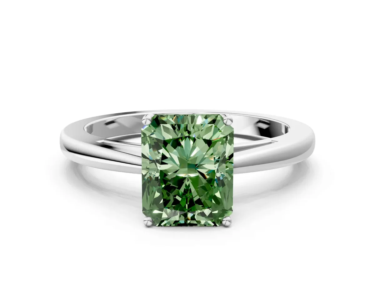 Fancy Green Radiant Cut Solitaire Diamond Ring with Split Shank and Four-Prong Setting Platinum