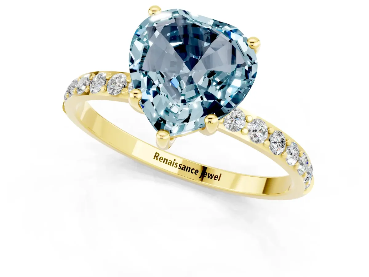 Heart Cut Aquamarine Solitaire Ring with Round Pavé Band and Prong Setting Yellow gold