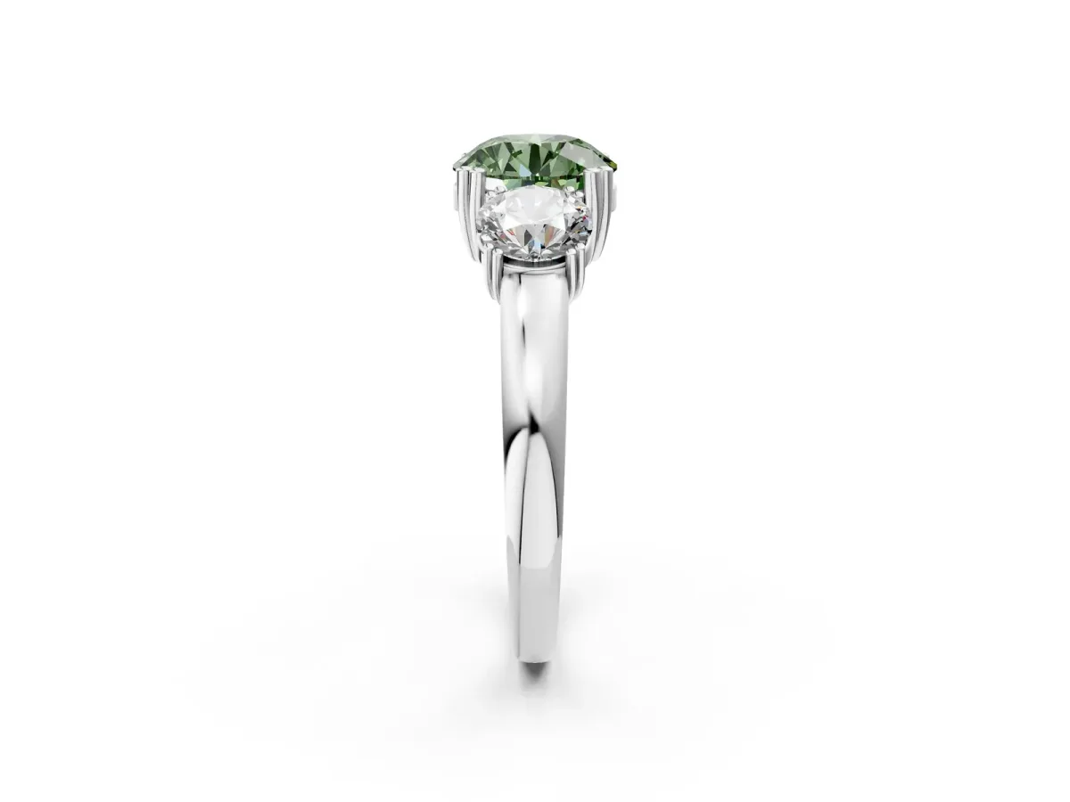 Fancy Green Three-Stone Round Cut Cut Diamond Ring with Channel Set Band and Four-Prong Setting Silver