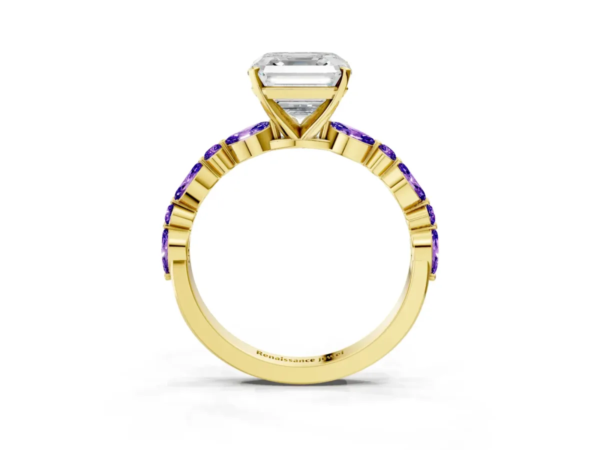 Asscher Cut Diamond Ring with Marquise and Round Tanzanite Side Stones and Four-Prong Setting Yellow gold