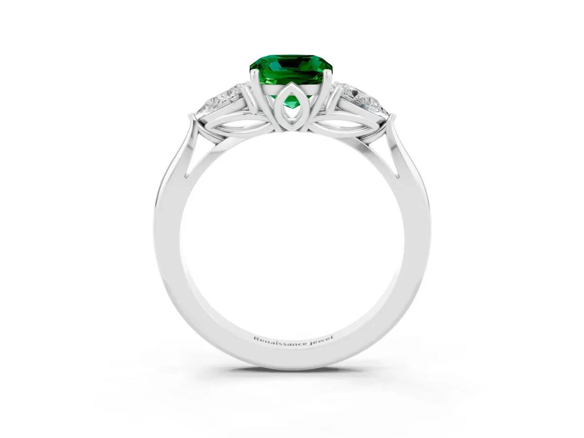 Three-Stone Cushion Cut Emerald Ring with Pear Side Stones in Four-Prong Setting White gold