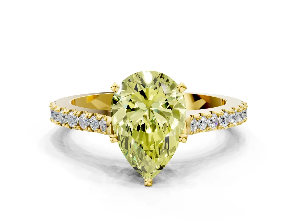 Fancy Yellow Pear Cut Cut Solitaire Diamond Engagement Ring with Pave Band and Four-Prong Setting Yellow gold