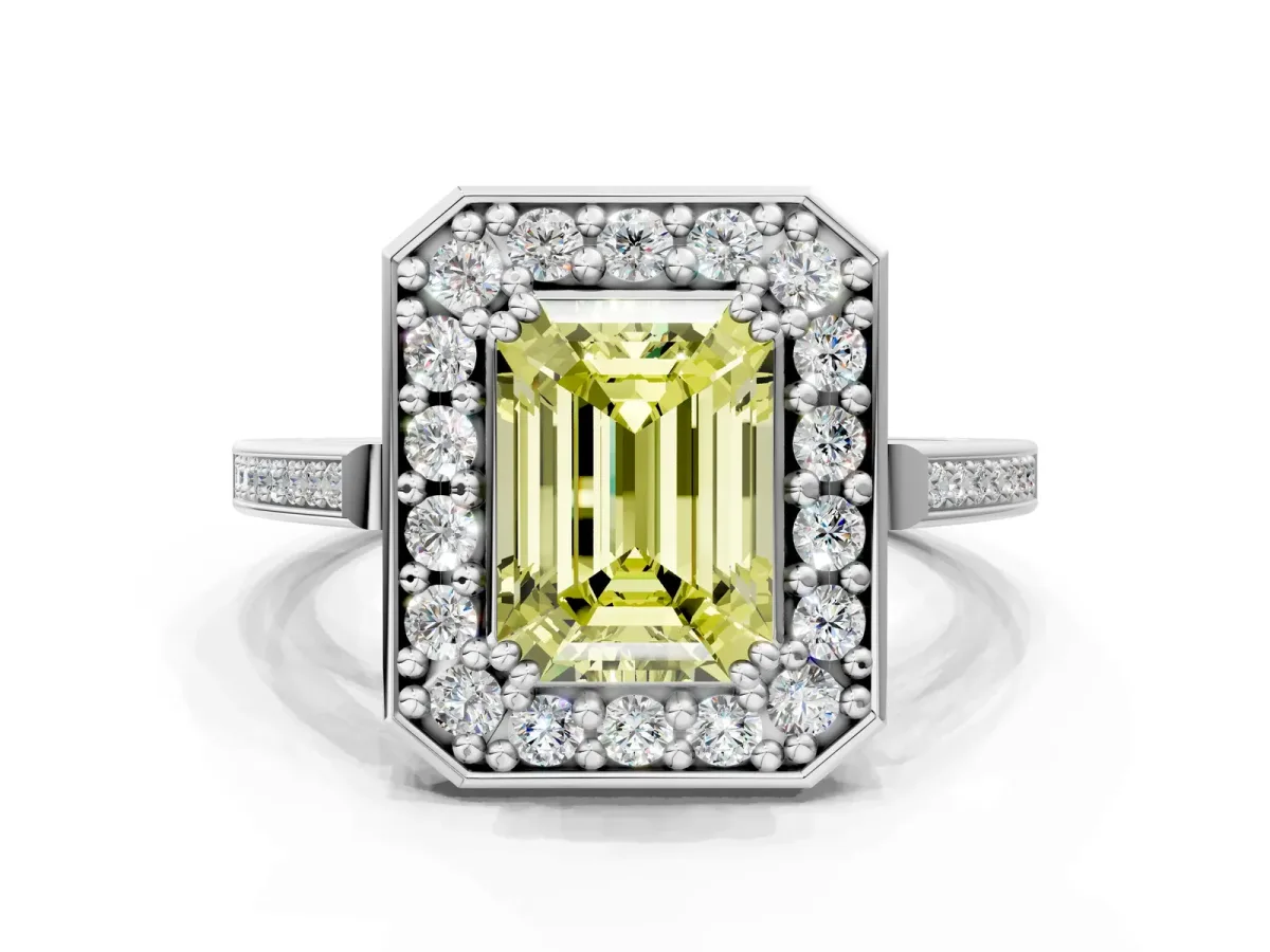 Fancy Yellow Emerald Cut Diamond Halo Ring with Split Shank and Four-Prong Setting White gold