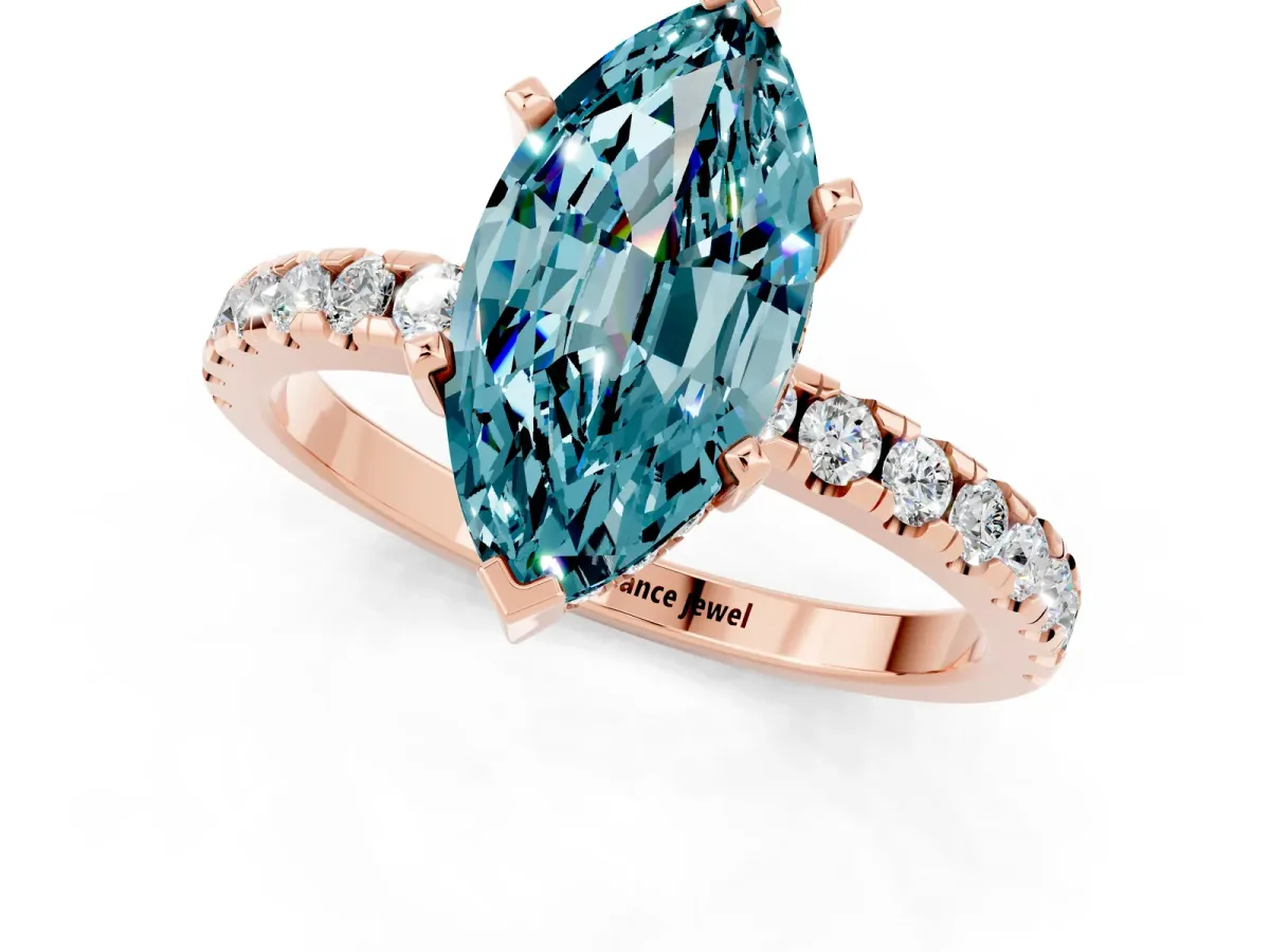 Marquise Cut Blue Topaz Solitaire Ring with Round Pavé Band and Four-Prong Setting Rose gold