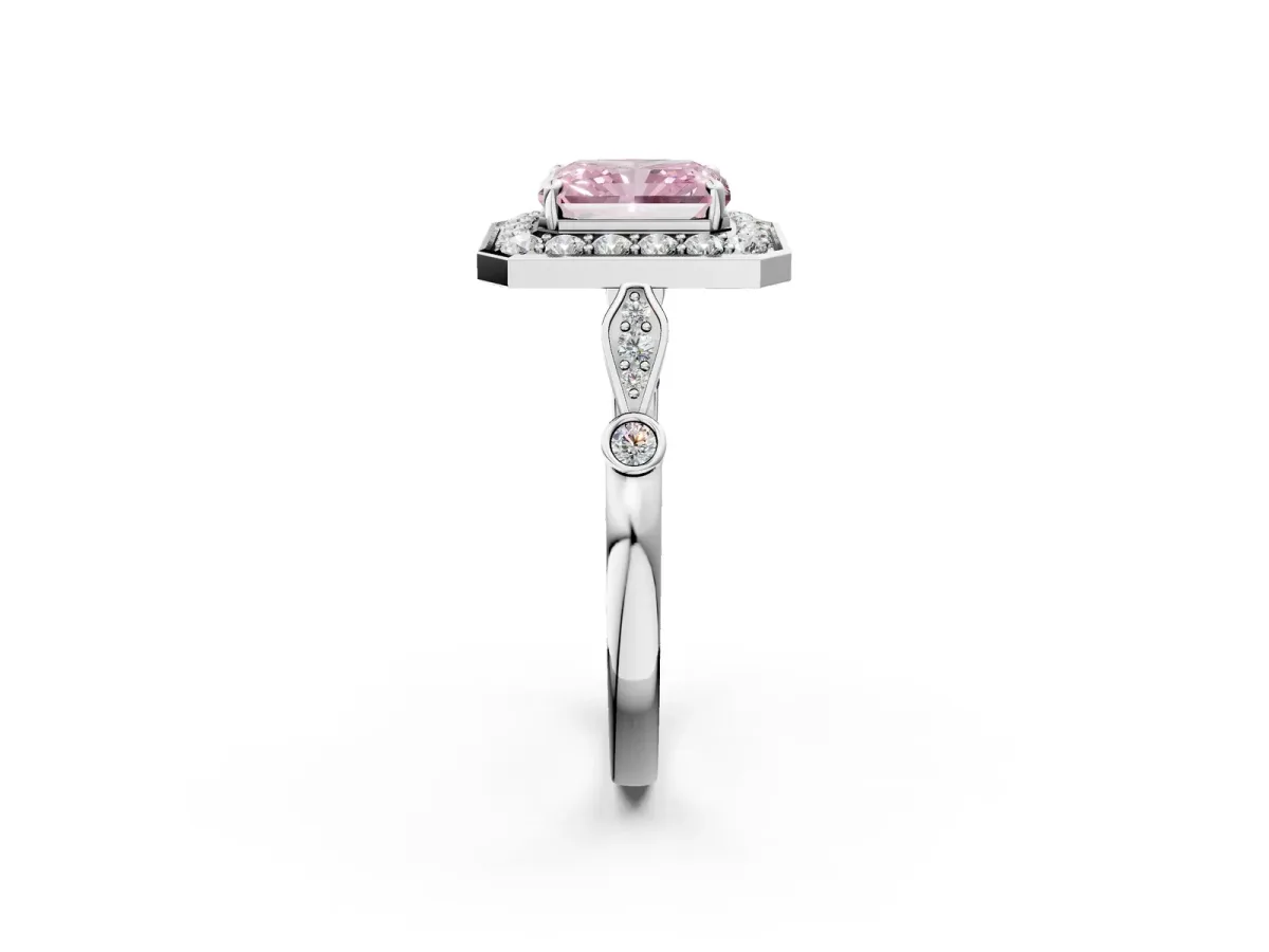 Fancy Pink Radiant Cut Halo Diamond Engagement Ring with Twisted Band and Four-Prong Setting Platinum