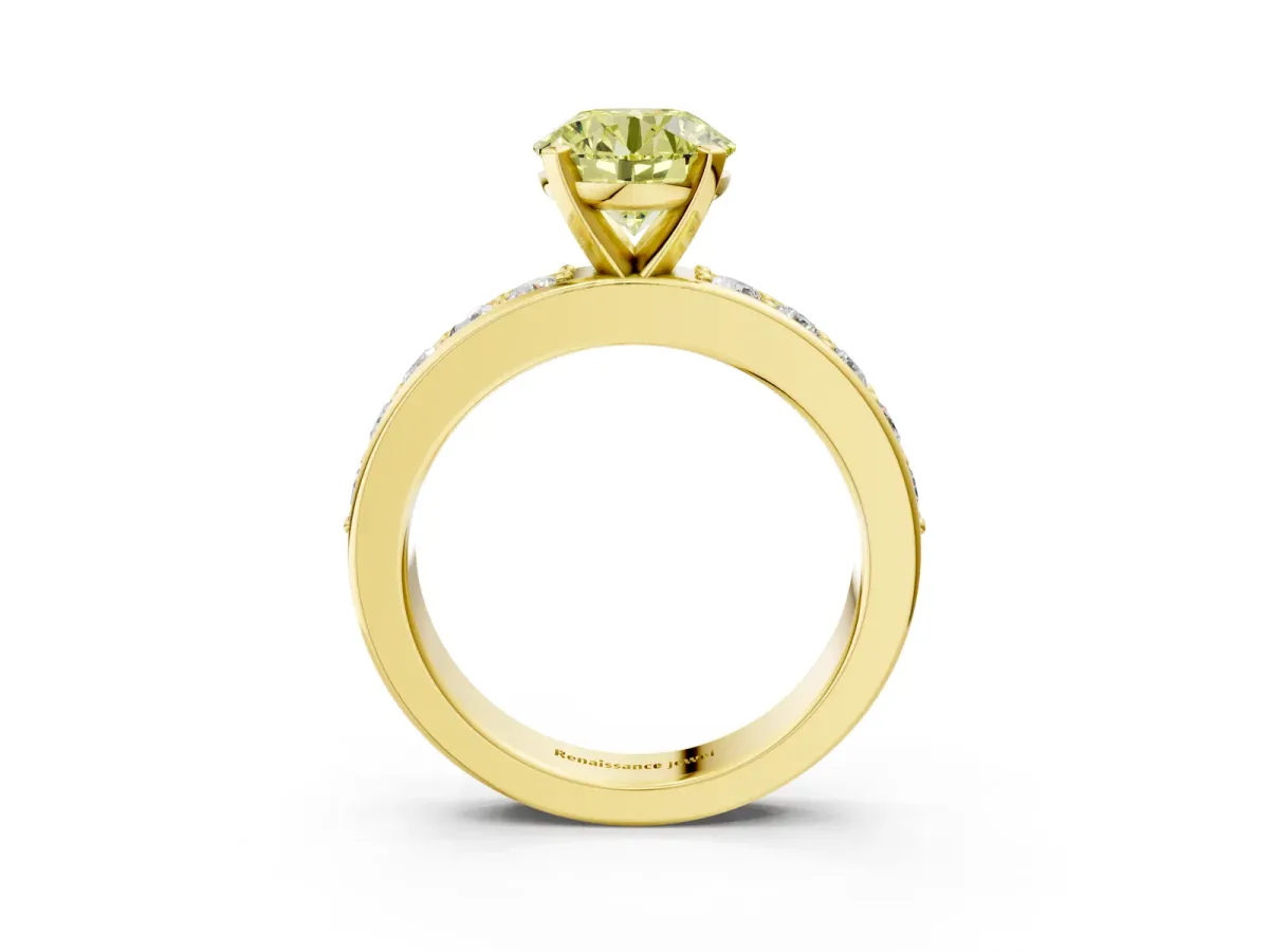 Fancy Yellow Round Cut Diamond Engagement Ring with Channel Set Round Band and Prong Setting Yellow gold