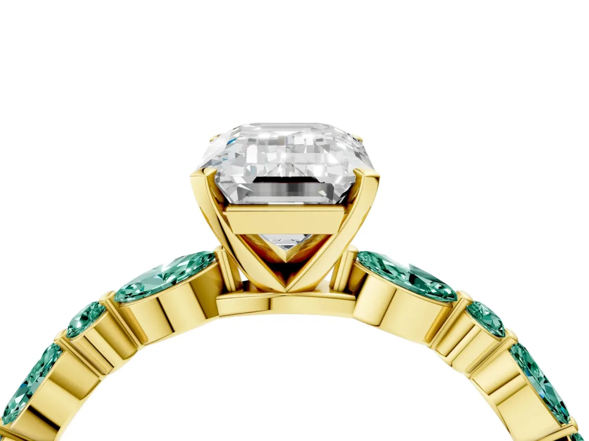 Emerald Cut Diamond Ring with Marquise and Round Green Sapphire Side Stones and Four-Prong Setting Yellow gold