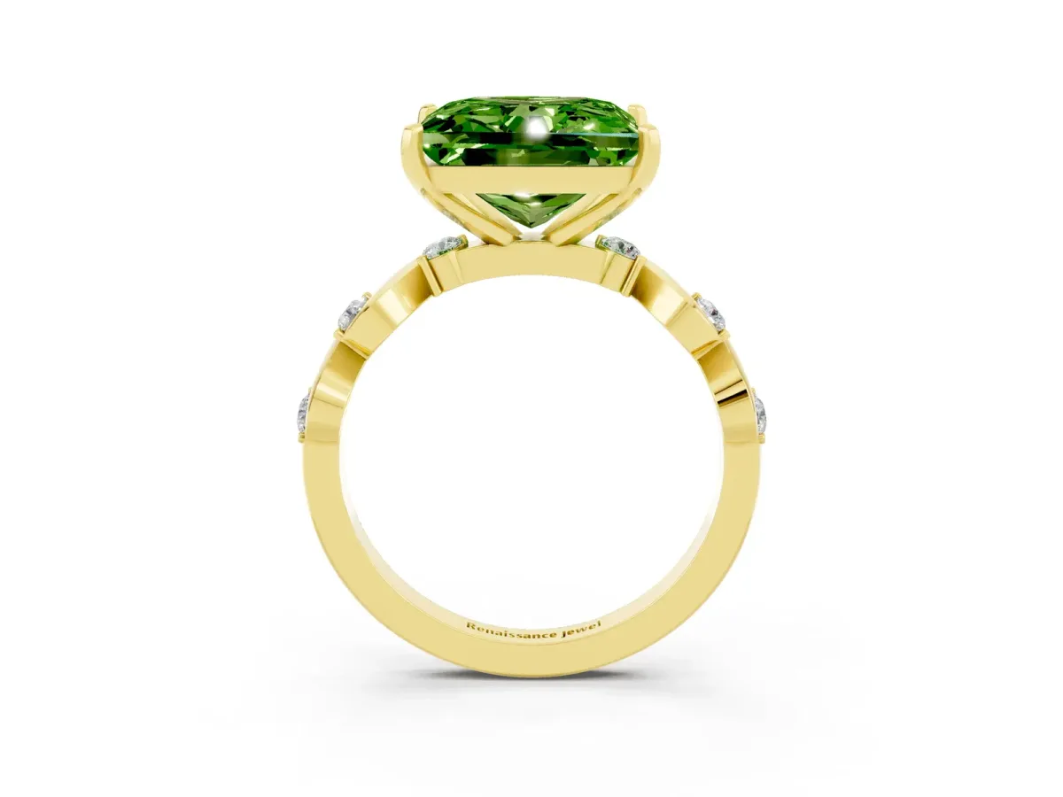 Princess Cut Peridot Solitaire Twisted Band with Round Accents and Prong Setting Yellow gold