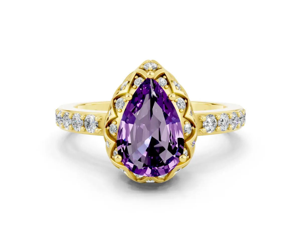 Pear Cut Amethyst Scalloped Halo Engagement Ring with Round Shared Prong Band Yellow gold