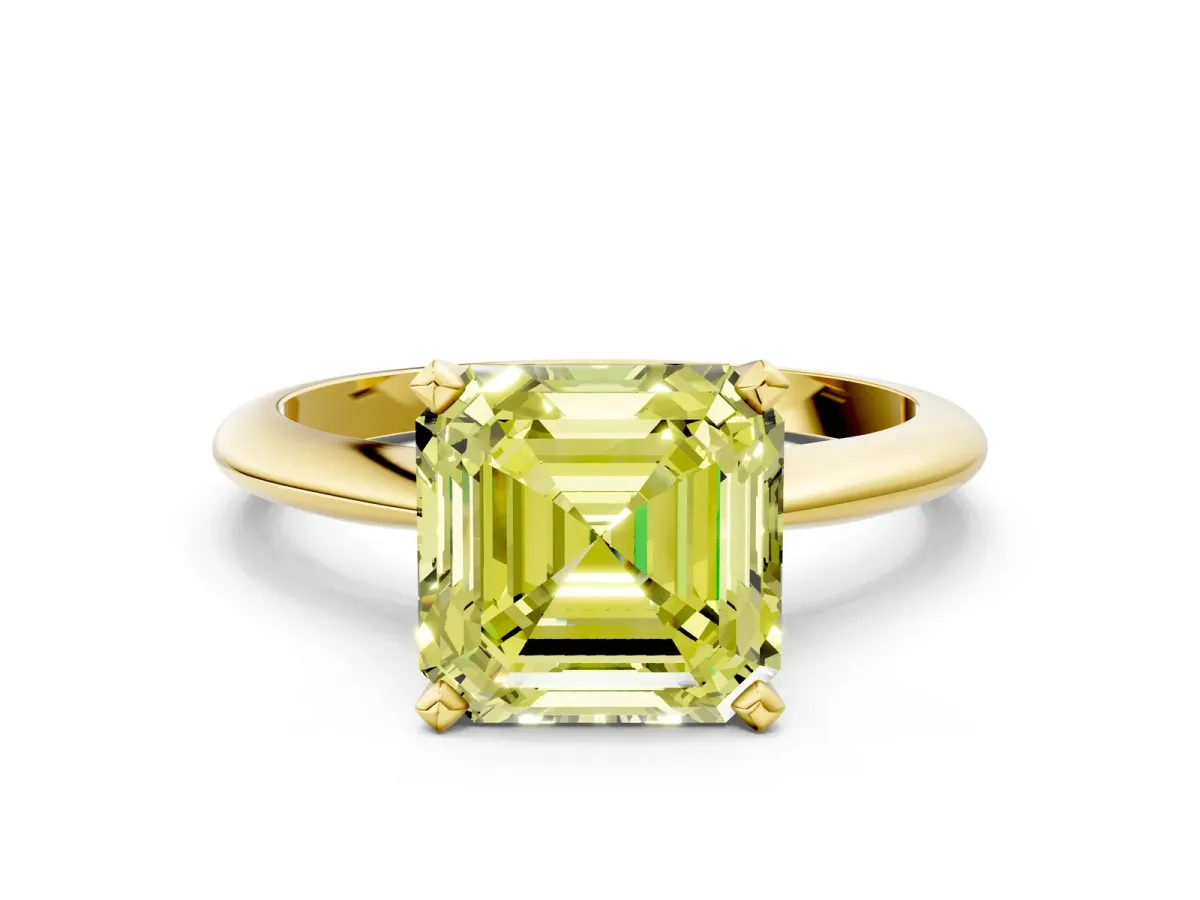 Fancy Yellow Asscher Cut Diamond Solitaire Engagement Ring with Classic Band and Four-Prong Setting Yellow gold
