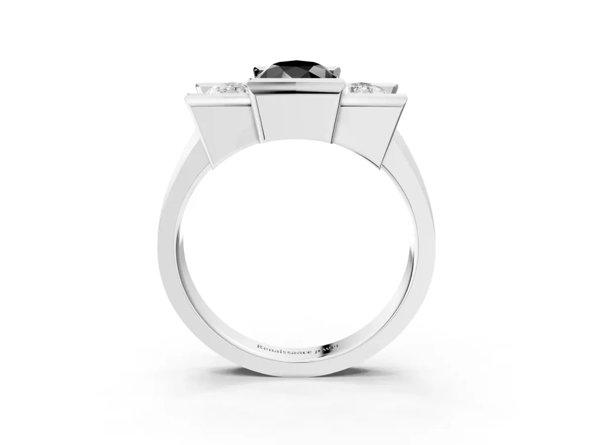 Fancy Black Three Stone Pear Cut Cut Channel Set Diamond Ring Silver