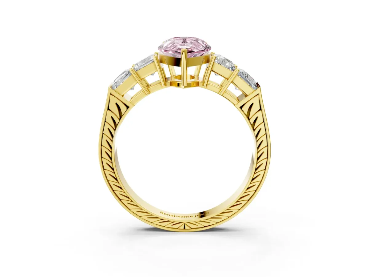 Fancy Pink Pear Cut Solitaire Princess Side Stone Engraved Band Prong Setting Ring Yellow gold