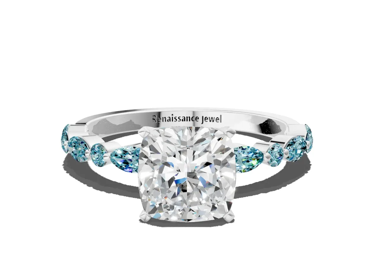 Cushion Cut Diamond Ring with Marquise and Round Blue Topaz Side Stones and Four-Prong Setting White gold