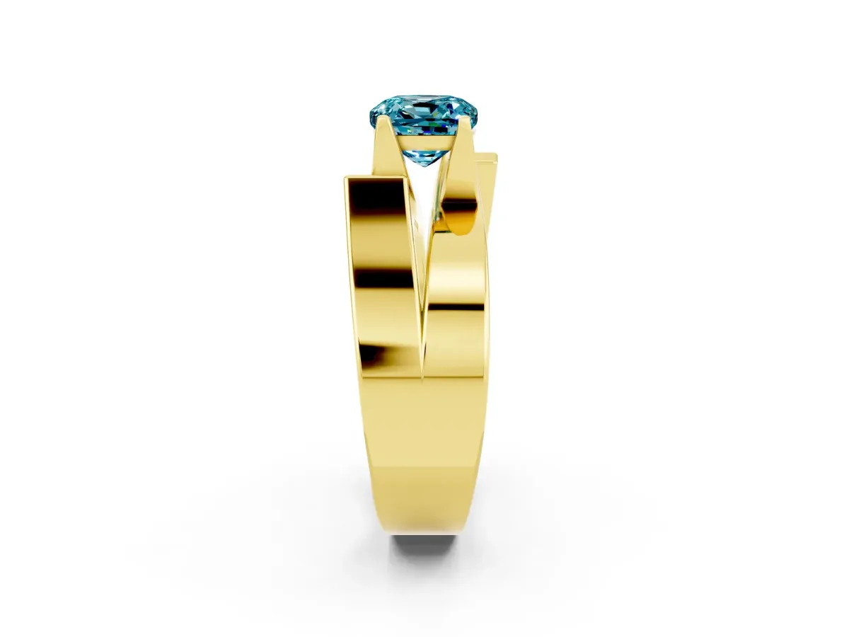 Modern Tension Set Cushion Cut Blue Topaz Solitaire Wide Band Ring Yellow gold