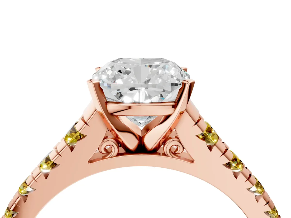 Cushion Cut Diamond Cathedral Solitaire Ring with Round Yellow Sapphire Pavé Band Rose gold