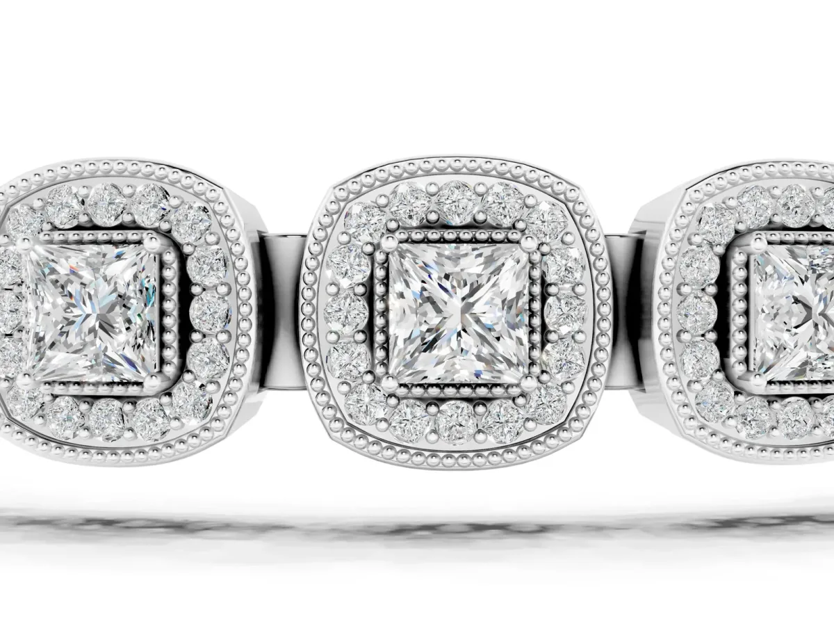 Cushion Halo Diamond Tennis Bracelet with Channel Band and Bezel Setting Silver
