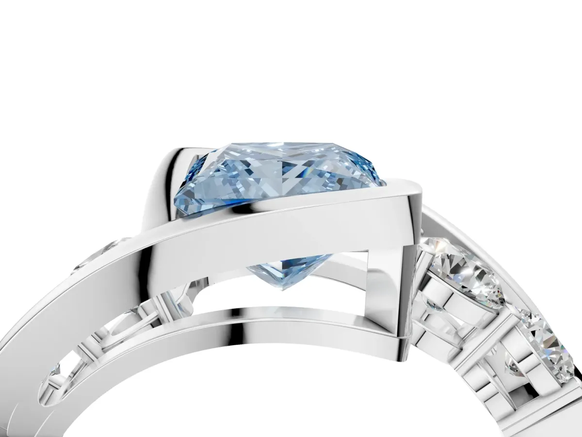 Fancy Blue Bezel Set Princess Cut Diamond Bypass Ring with Round Accents Silver