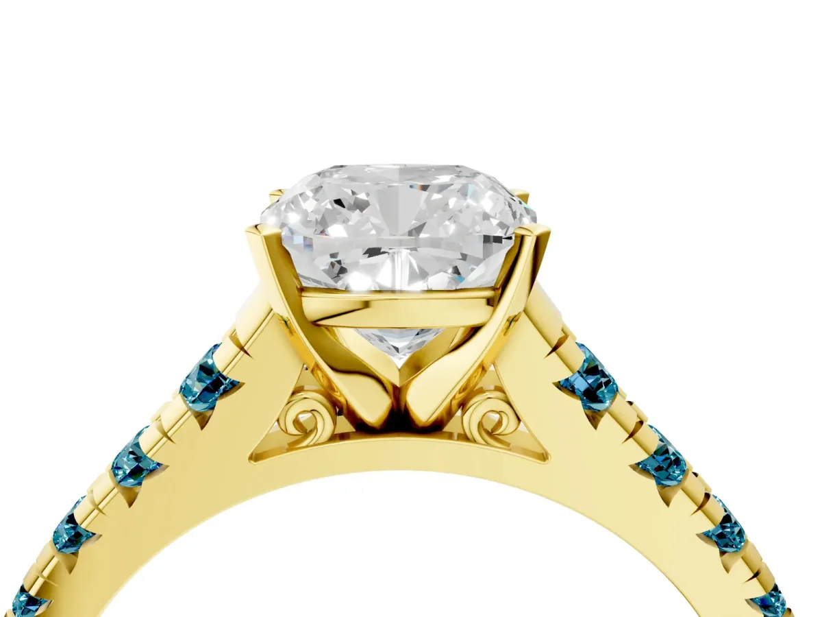 Cushion Cut Diamond Cathedral Solitaire Ring with Round Blue Topaz Pavé Band Yellow gold
