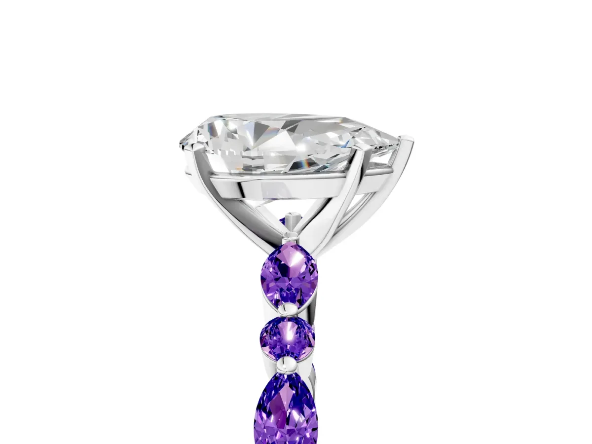 Pear Cut Diamond Ring with Marquise and Round Tanzanite Side Stones and Four-Prong Setting White gold