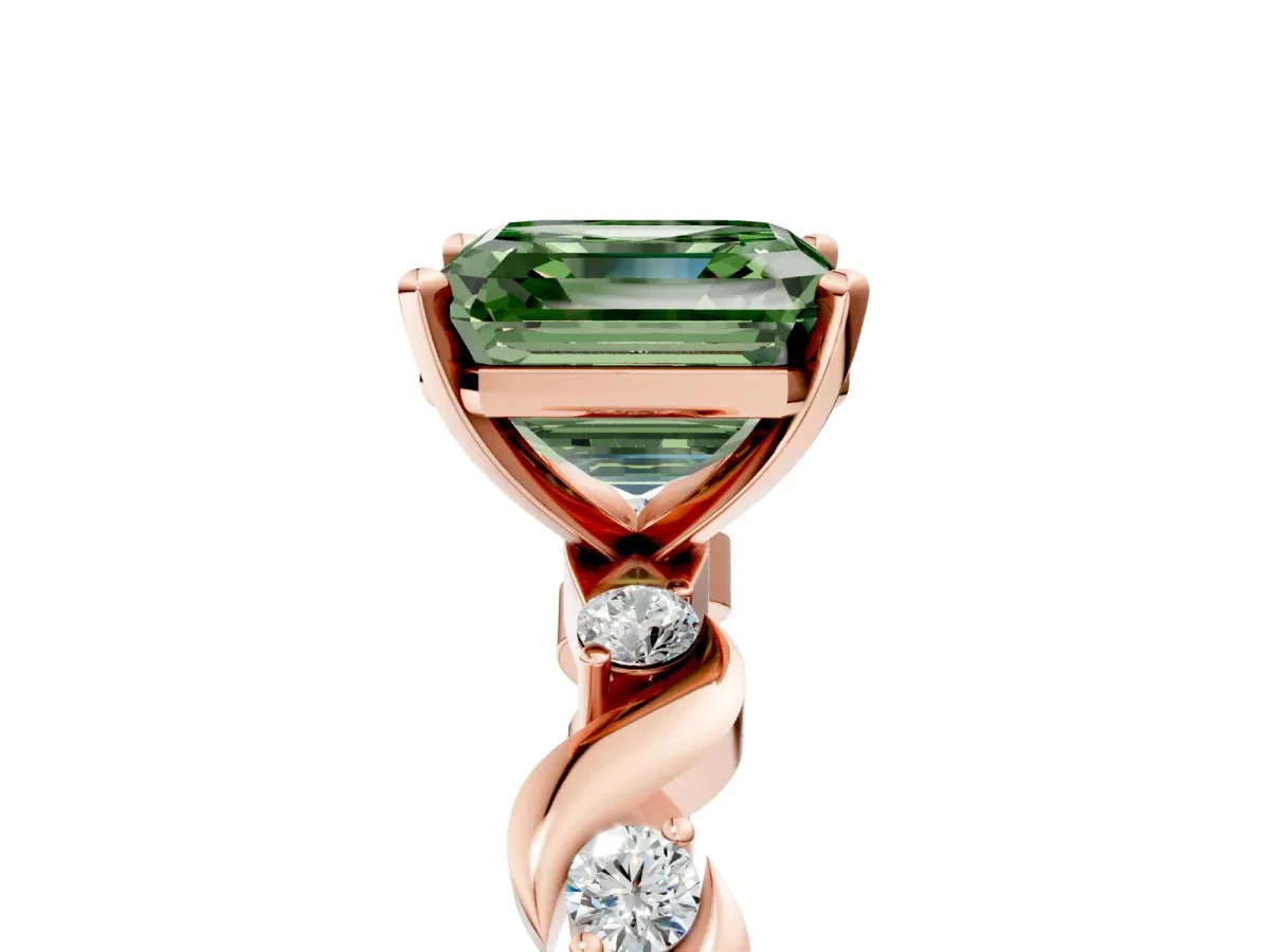 Fancy Green Asscher Cut Diamond Solitaire Twisted Band with Round Accents and Prong Setting Rose gold
