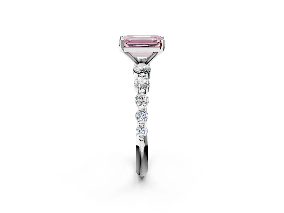 Fancy Pink Emerald Cut Solitaire Diamond Ring with Pave Band and Four-Prong Setting Silver