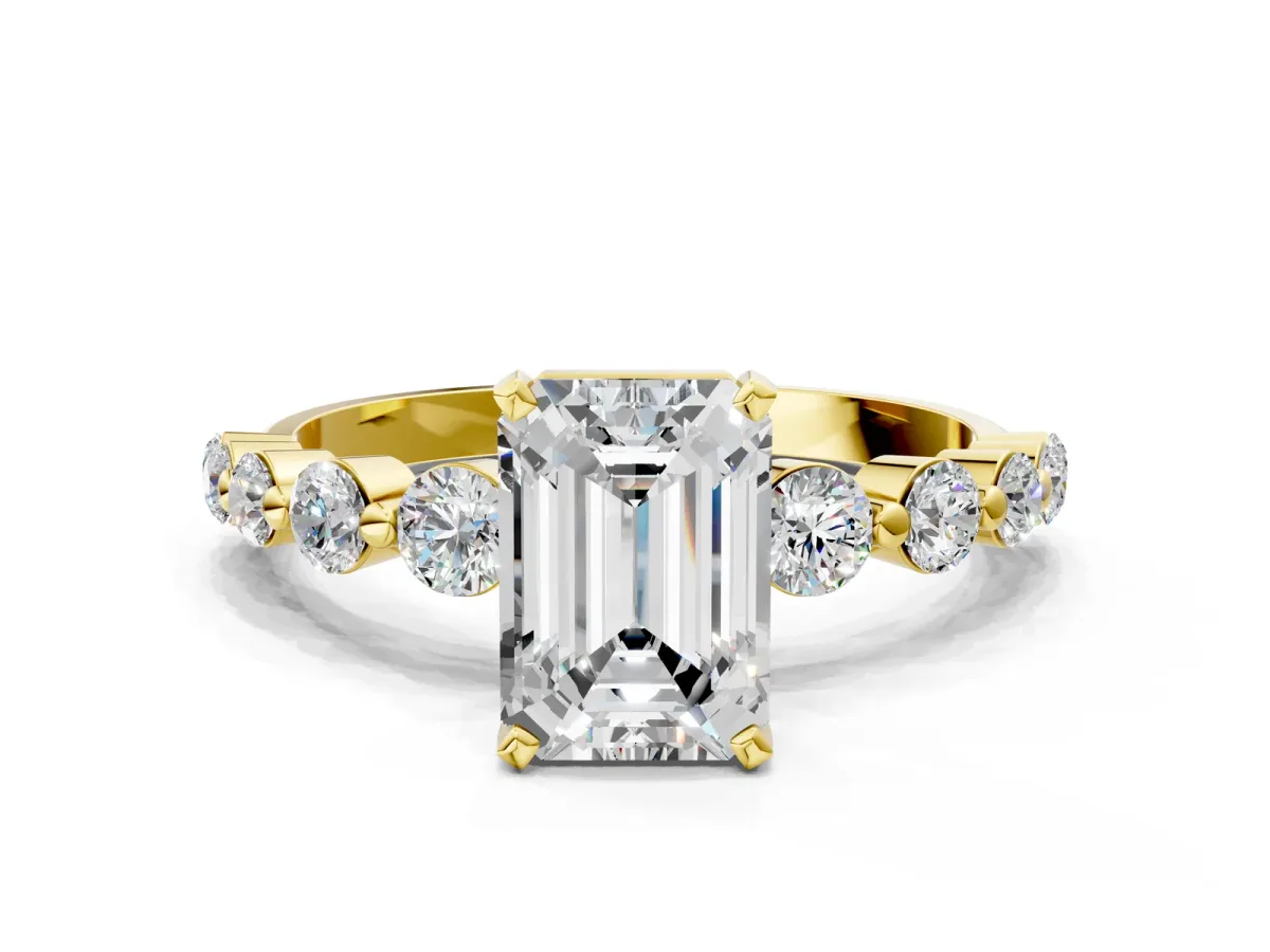 Emerald Cut Solitaire Diamond Ring with Pave Band and Four-Prong Setting Yellow gold