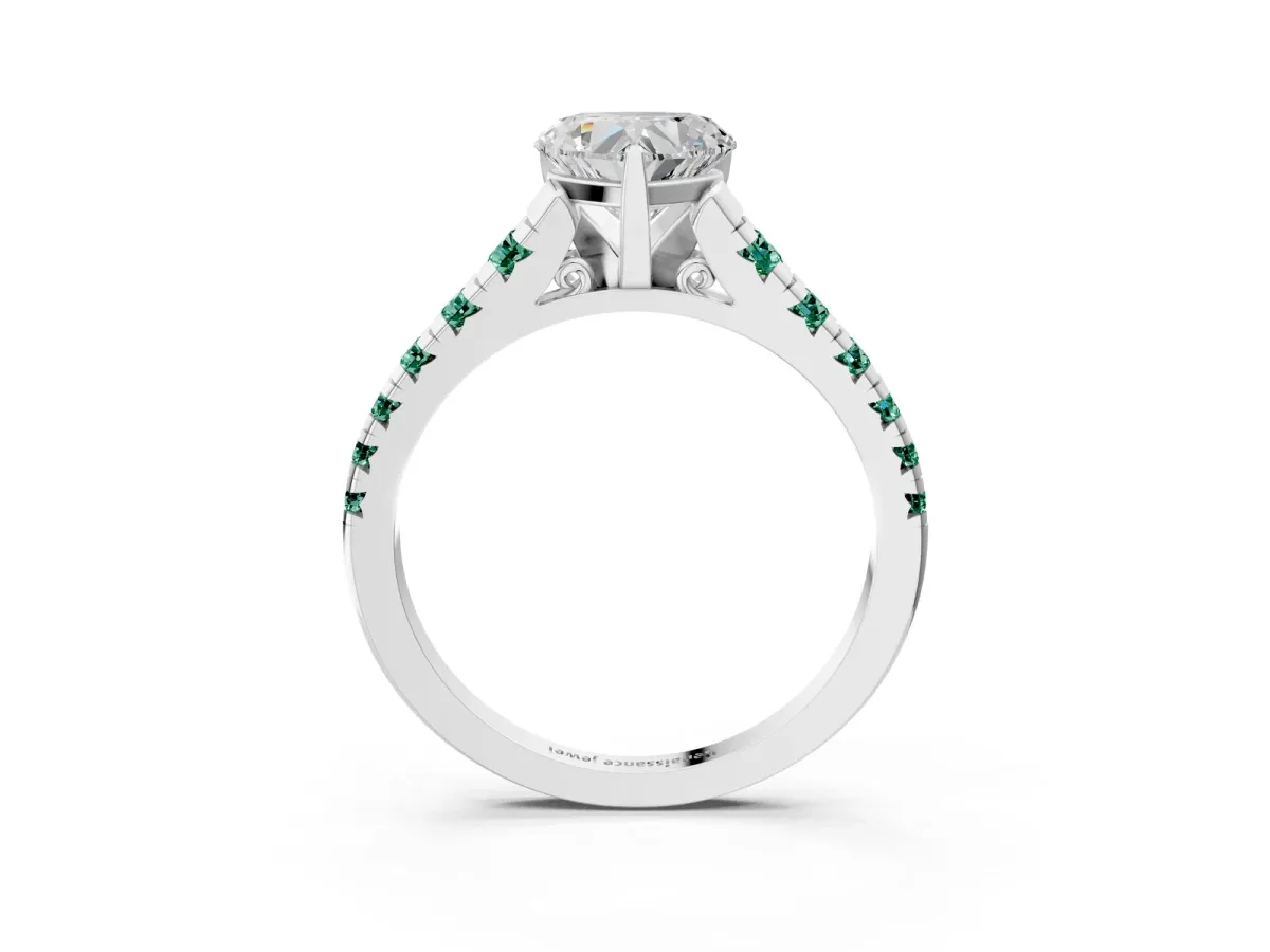 Heart Cut Diamond Cathedral Solitaire Ring with Round Green Sapphire Pavé Band White gold