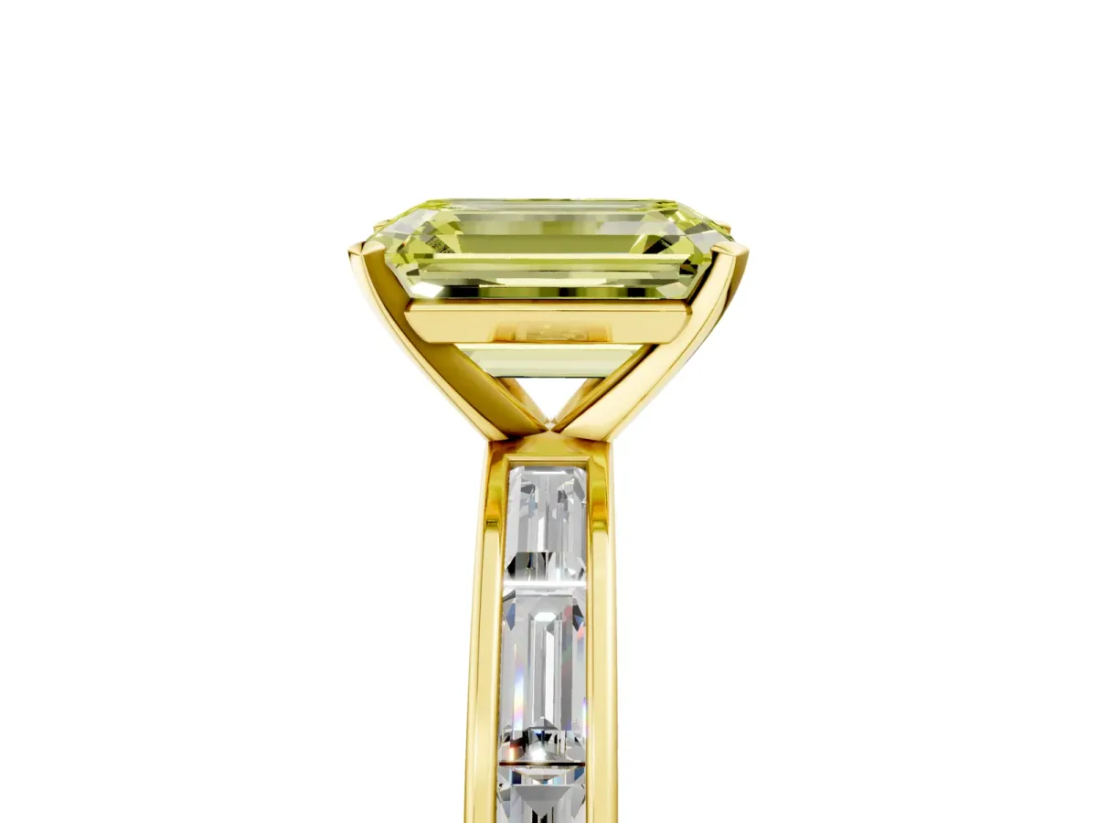 Fancy Yellow Emerald Cut Solitaire Diamond Ring with Channel-Set Baguette Band and Four-Prong Setting Yellow gold
