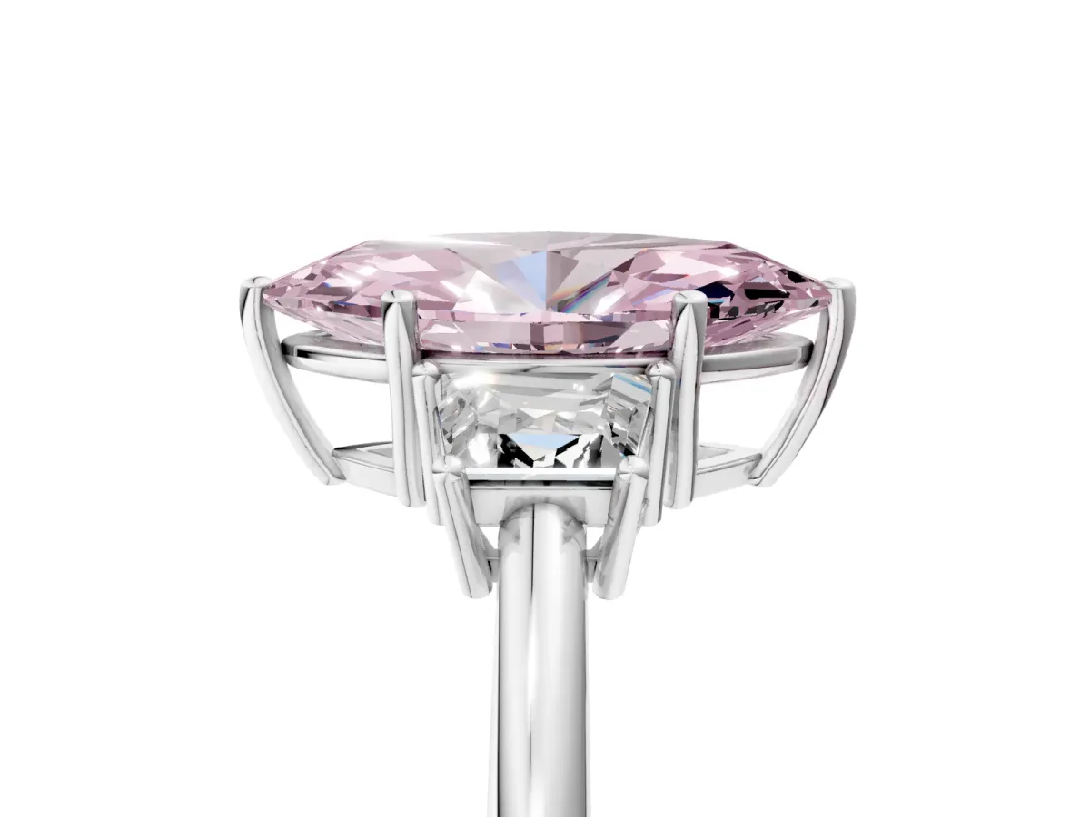 Fancy Pink Marquise Cut Diamond Three-Stone Ring with Trapezoid Side Stones and Prong Setting Silver