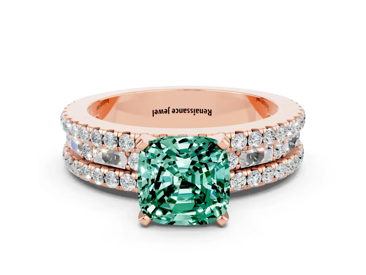 Cushion Cut Green Sapphire Solitaire Ring with Pavé and Channel Set Band Rose gold